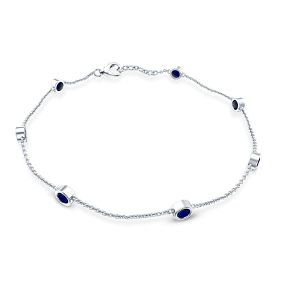 Natural Blue Sapphire 7 Stone Station Chain Bracelet