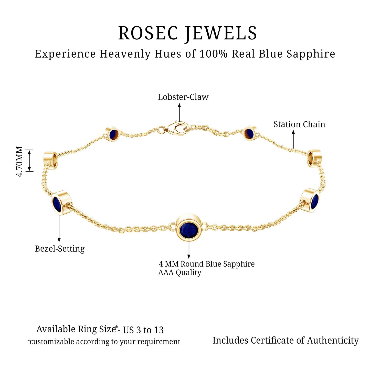 Natural Blue Sapphire 7 Stone Station Chain Bracelet