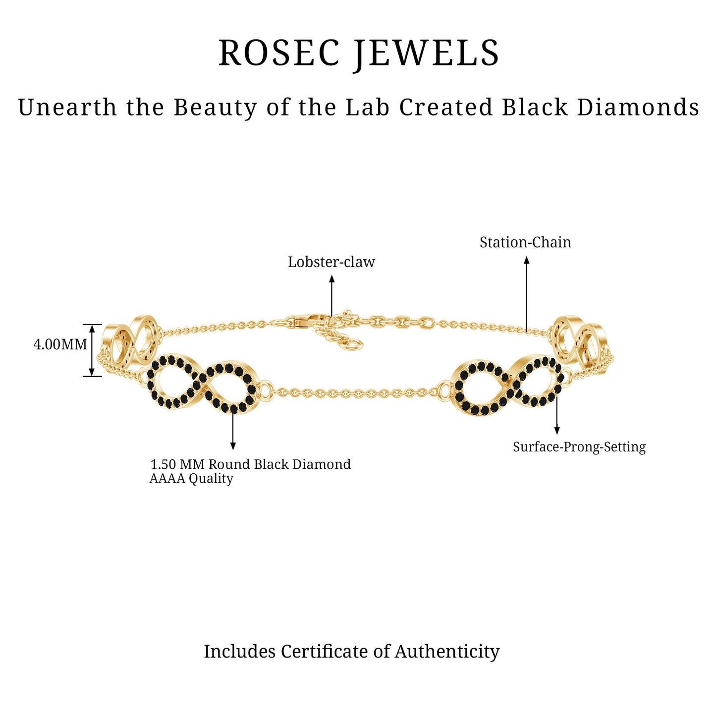 Certified Lab Grown Black Diamond Infinity Chain Bracelet