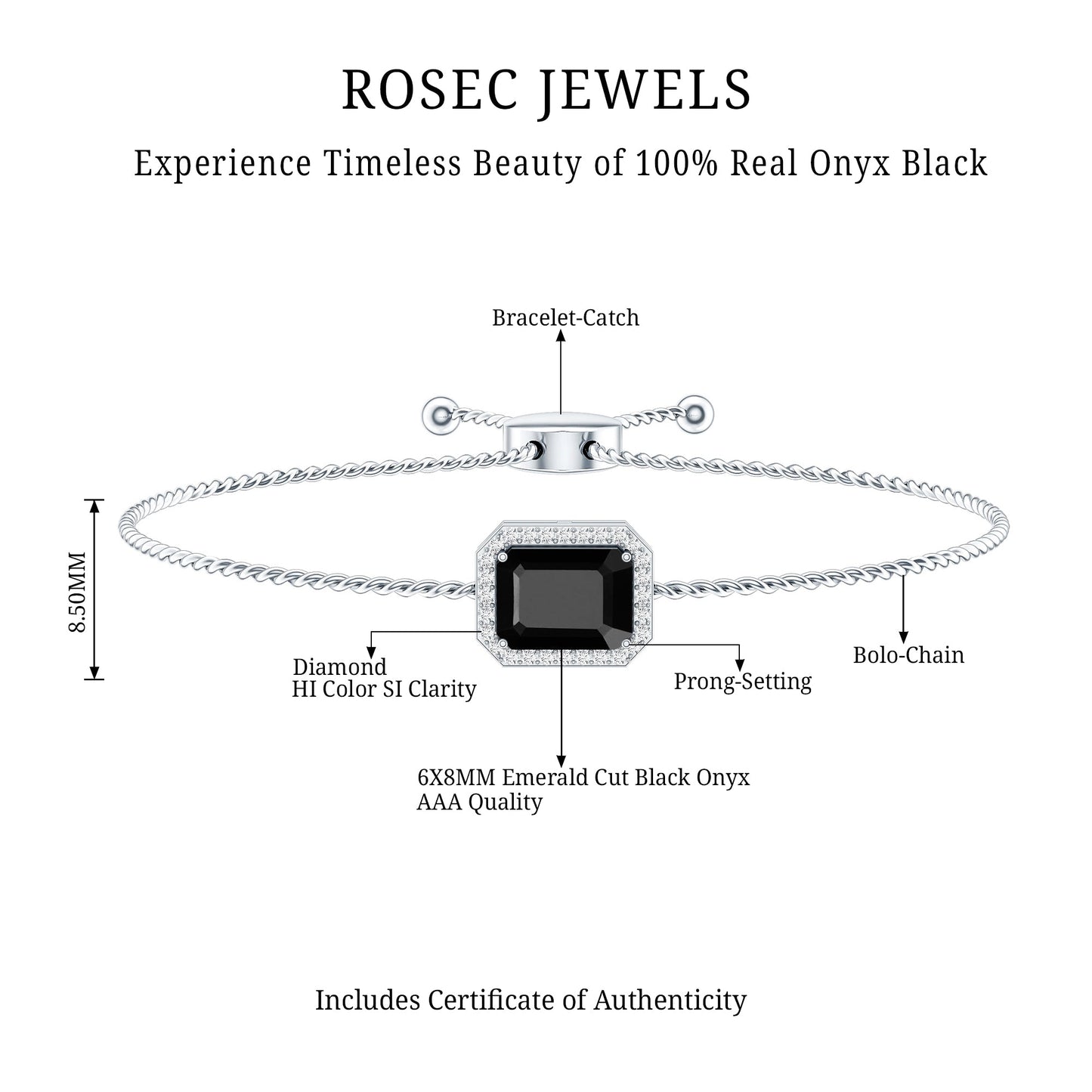 Natural 1.8 Carat Emerald Cut Black Onyx Bolo Bracelet with Diamond Halo