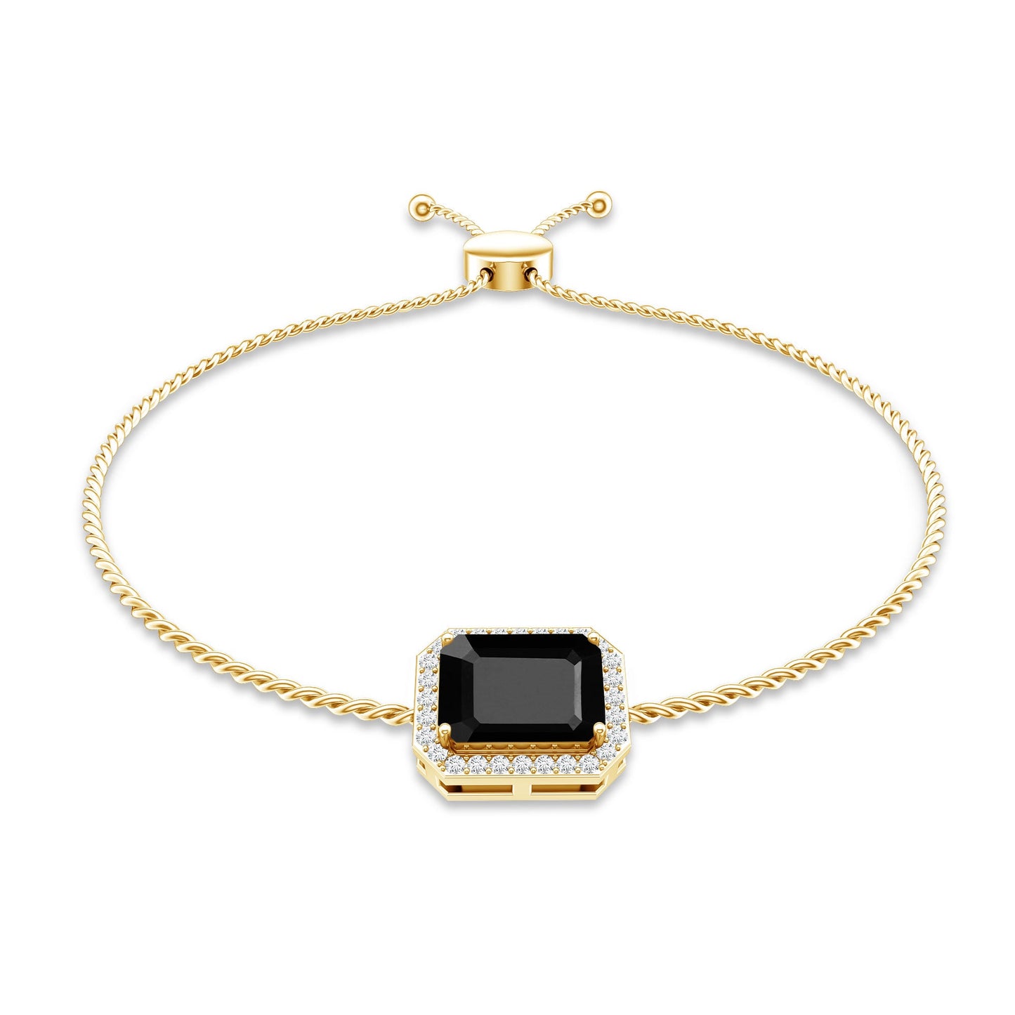 Natural 1.8 Carat Emerald Cut Black Onyx Bolo Bracelet with Diamond Halo