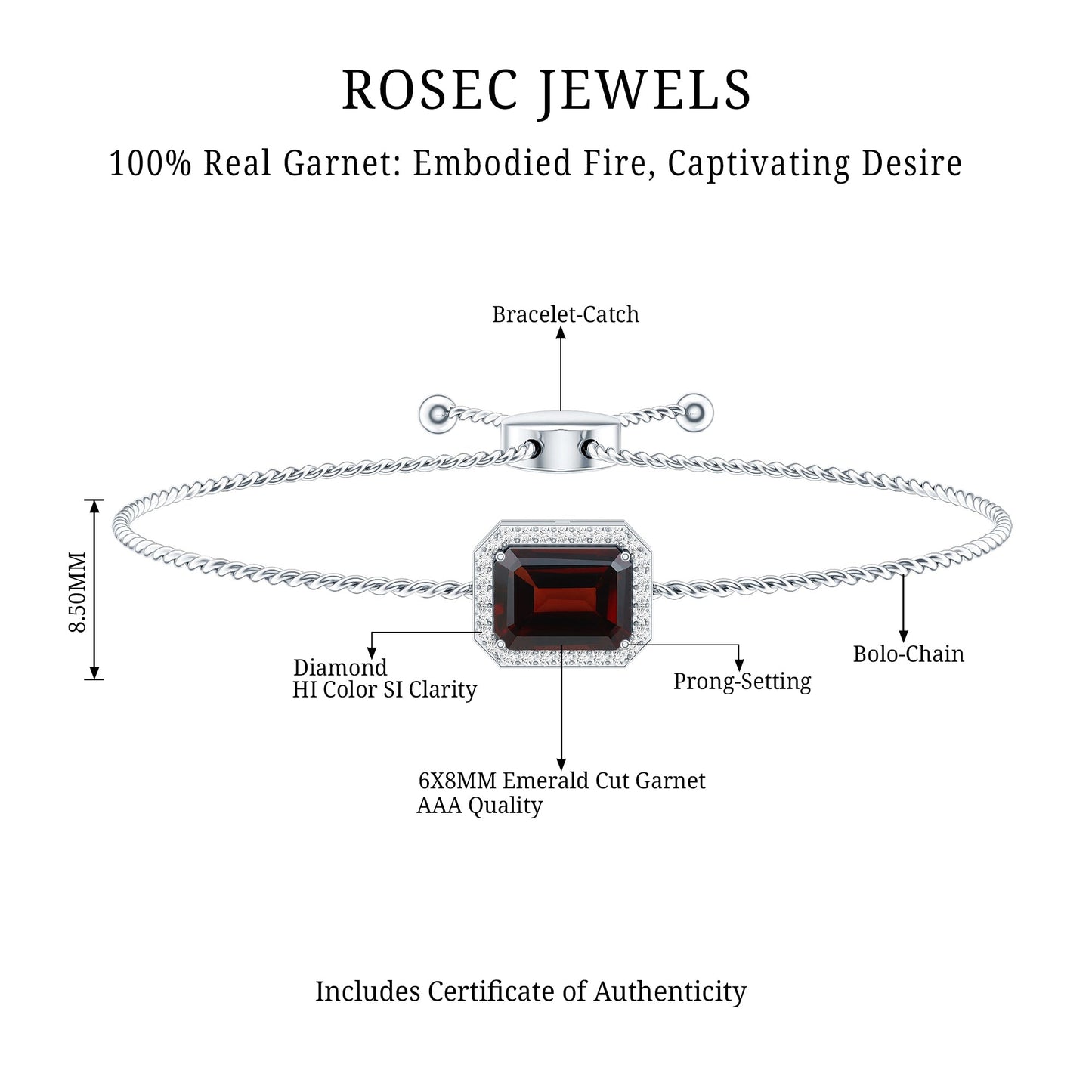 Real 2 Carat Emerald Cut Garnet Bolo Bracelet with Diamond Halo