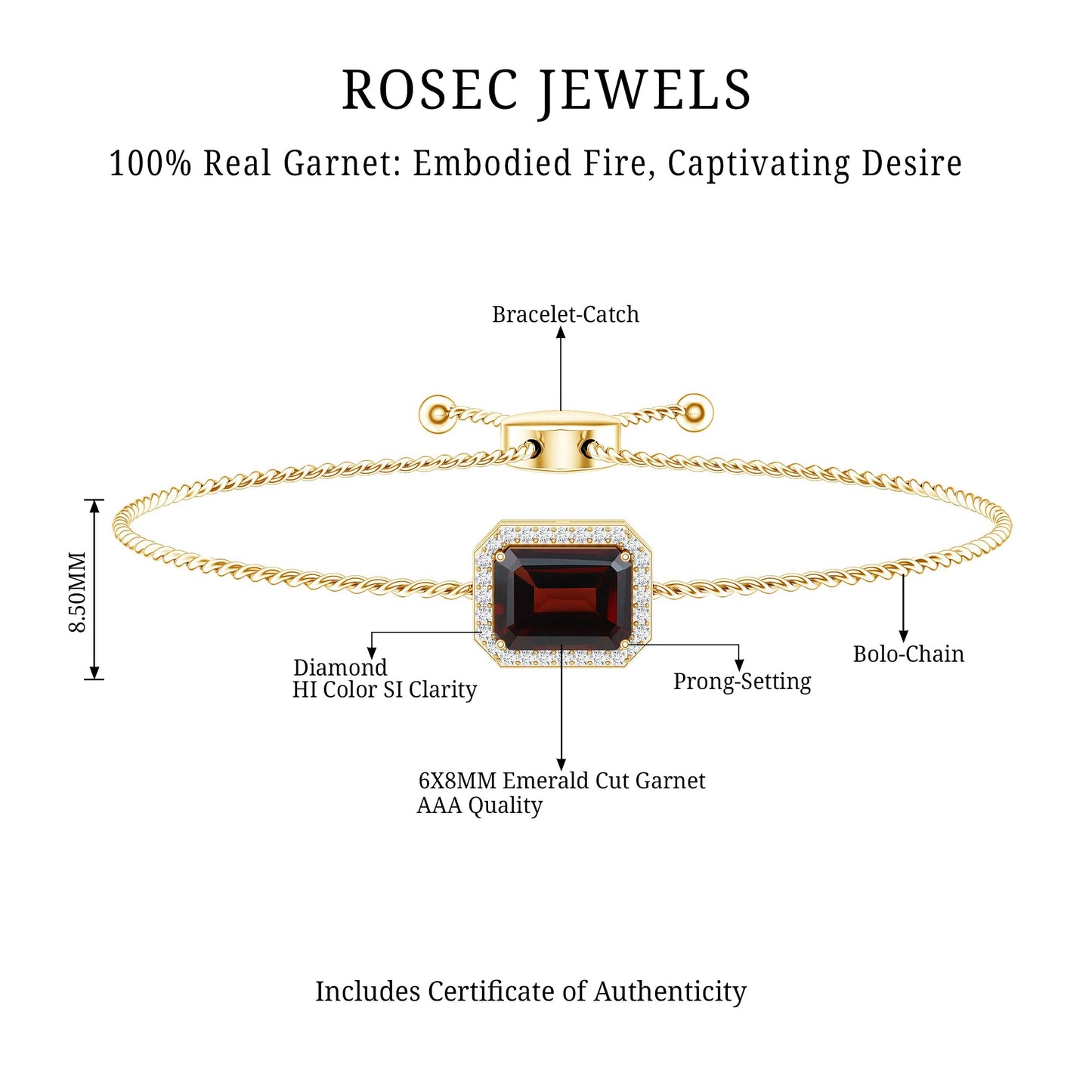 Real 2 Carat Emerald Cut Garnet Bolo Bracelet with Diamond Halo