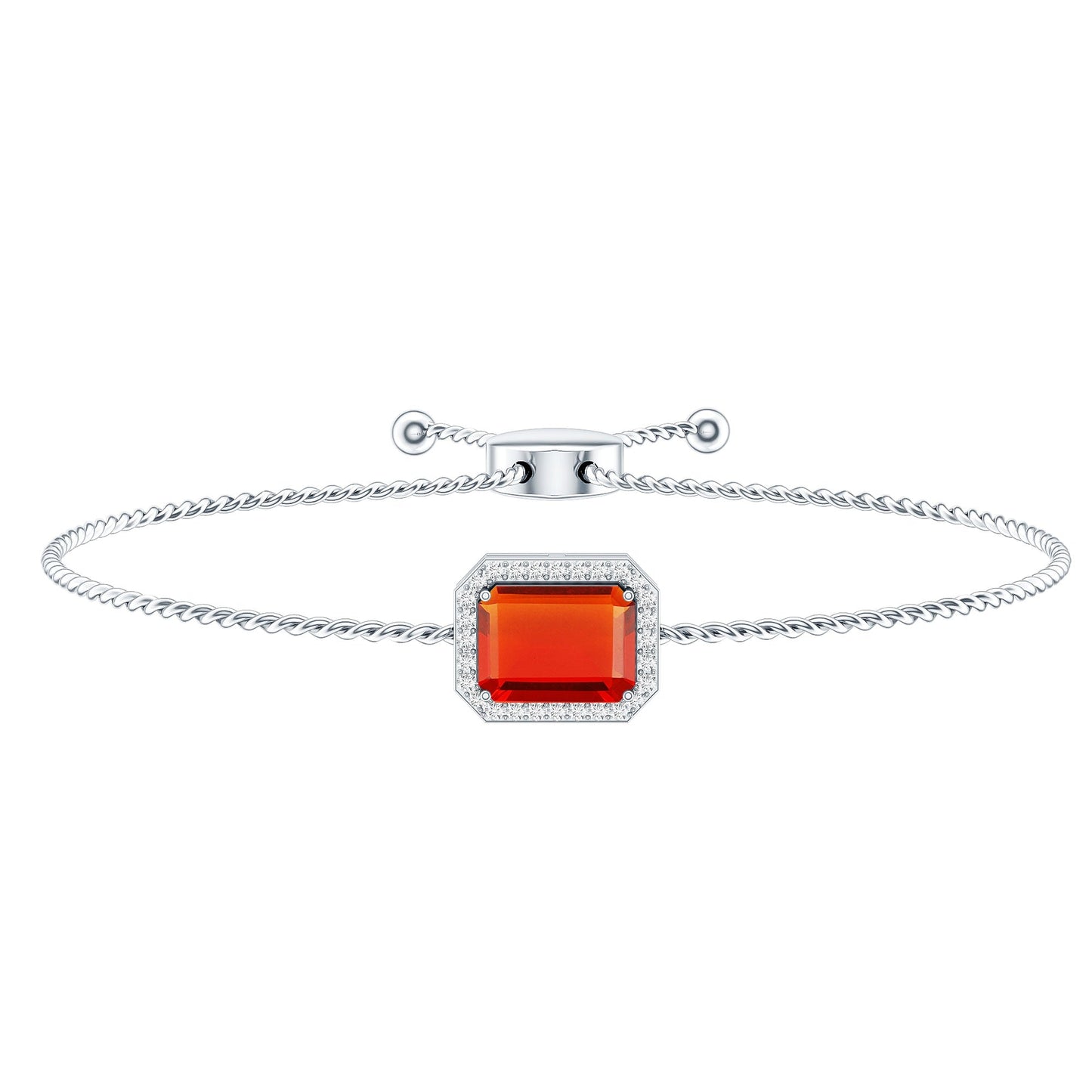 Real 1 Carat Emerald Cut Fire Opal Bolo Bracelet with Diamond Halo