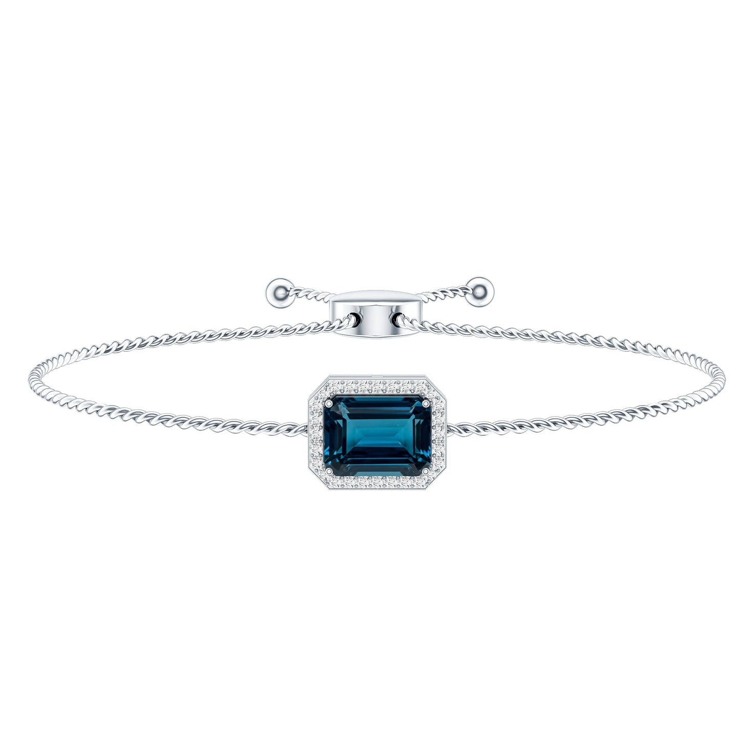 Emerald Cut London Blue Topaz and Diamond Bolo Chain Bracelet