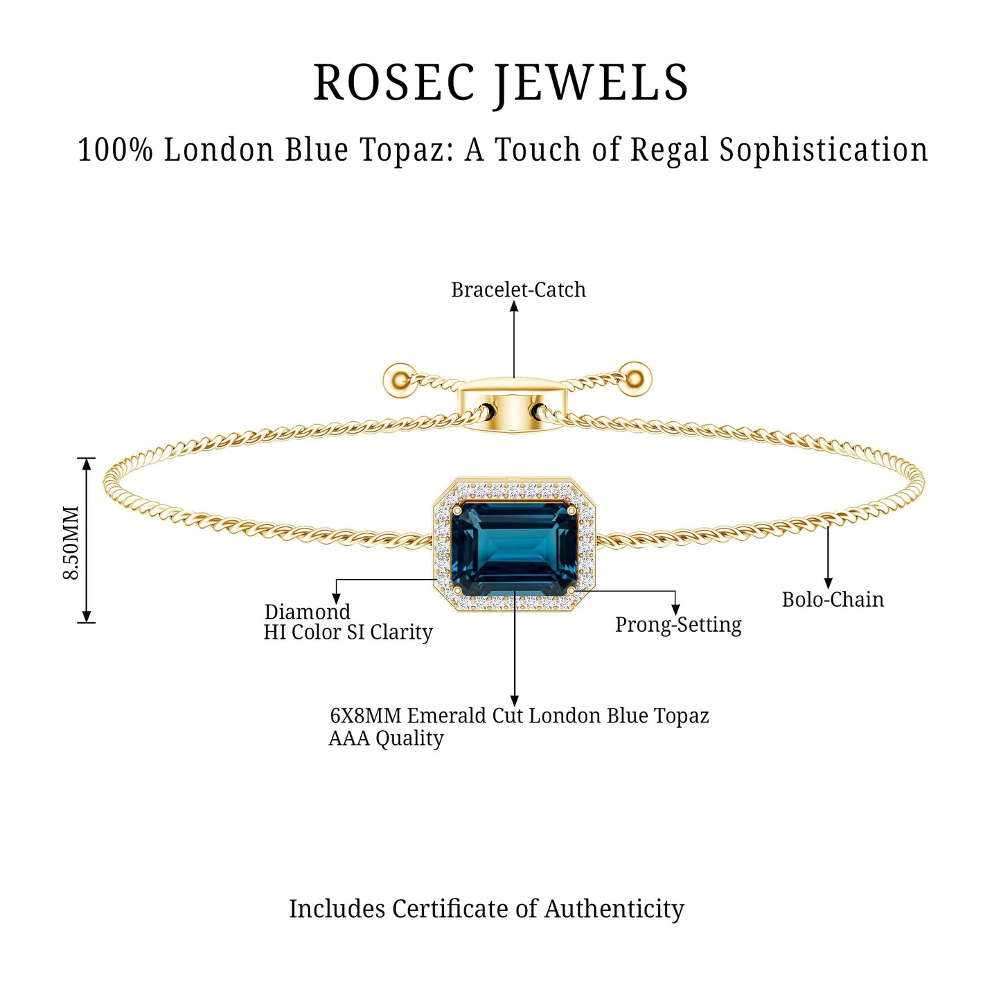Emerald Cut London Blue Topaz and Diamond Bolo Chain Bracelet