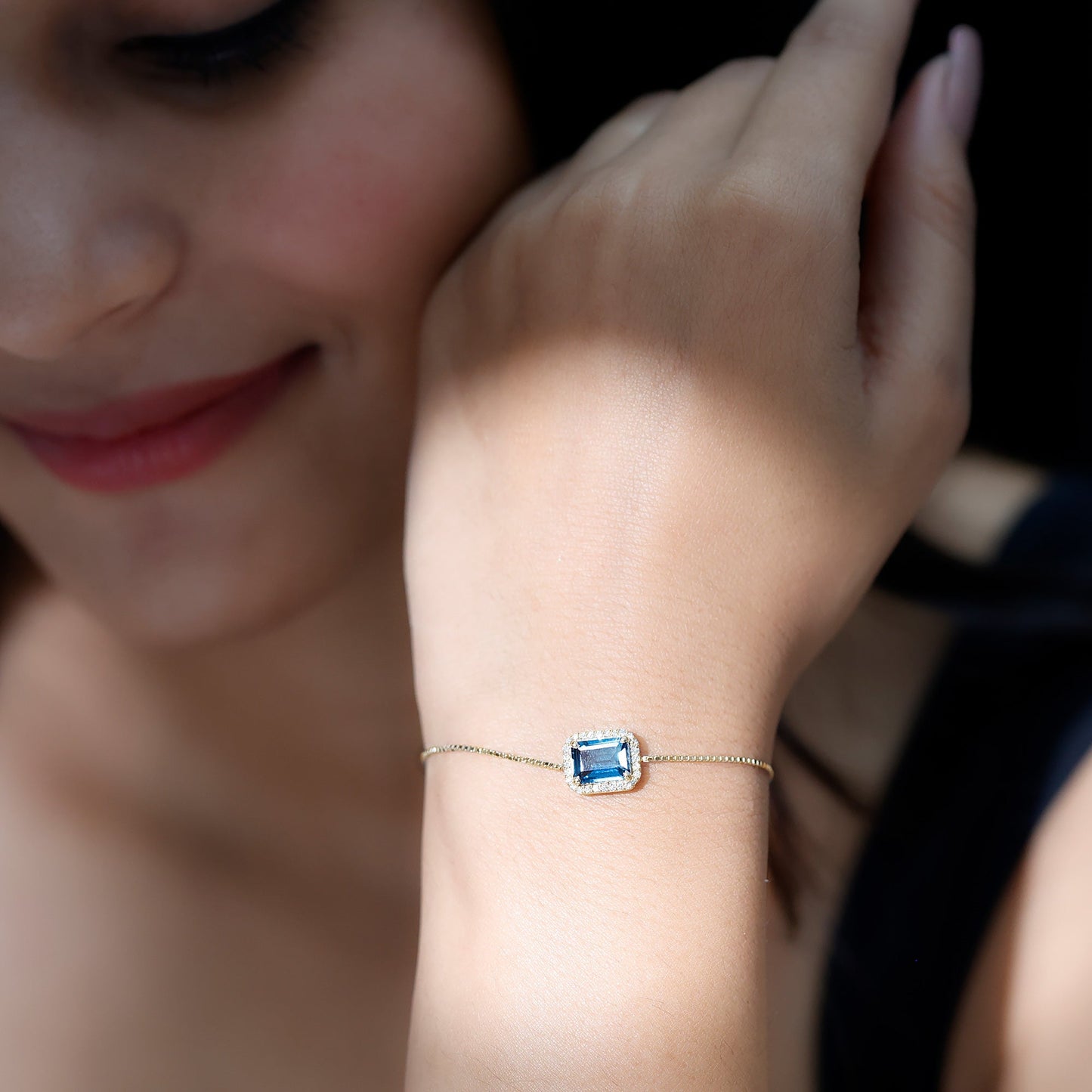 Emerald Cut London Blue Topaz and Diamond Bolo Chain Bracelet