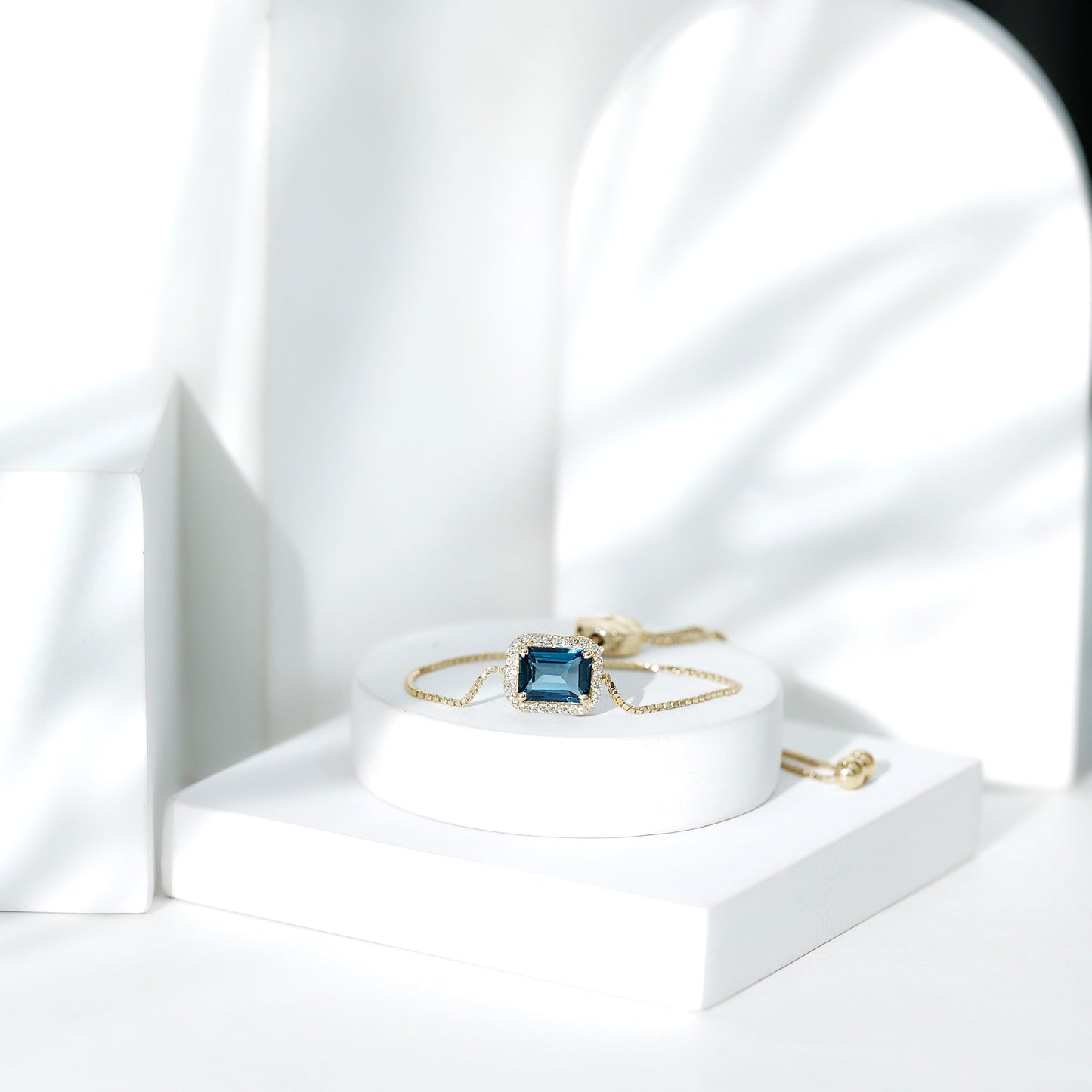Emerald Cut London Blue Topaz and Diamond Bolo Chain Bracelet