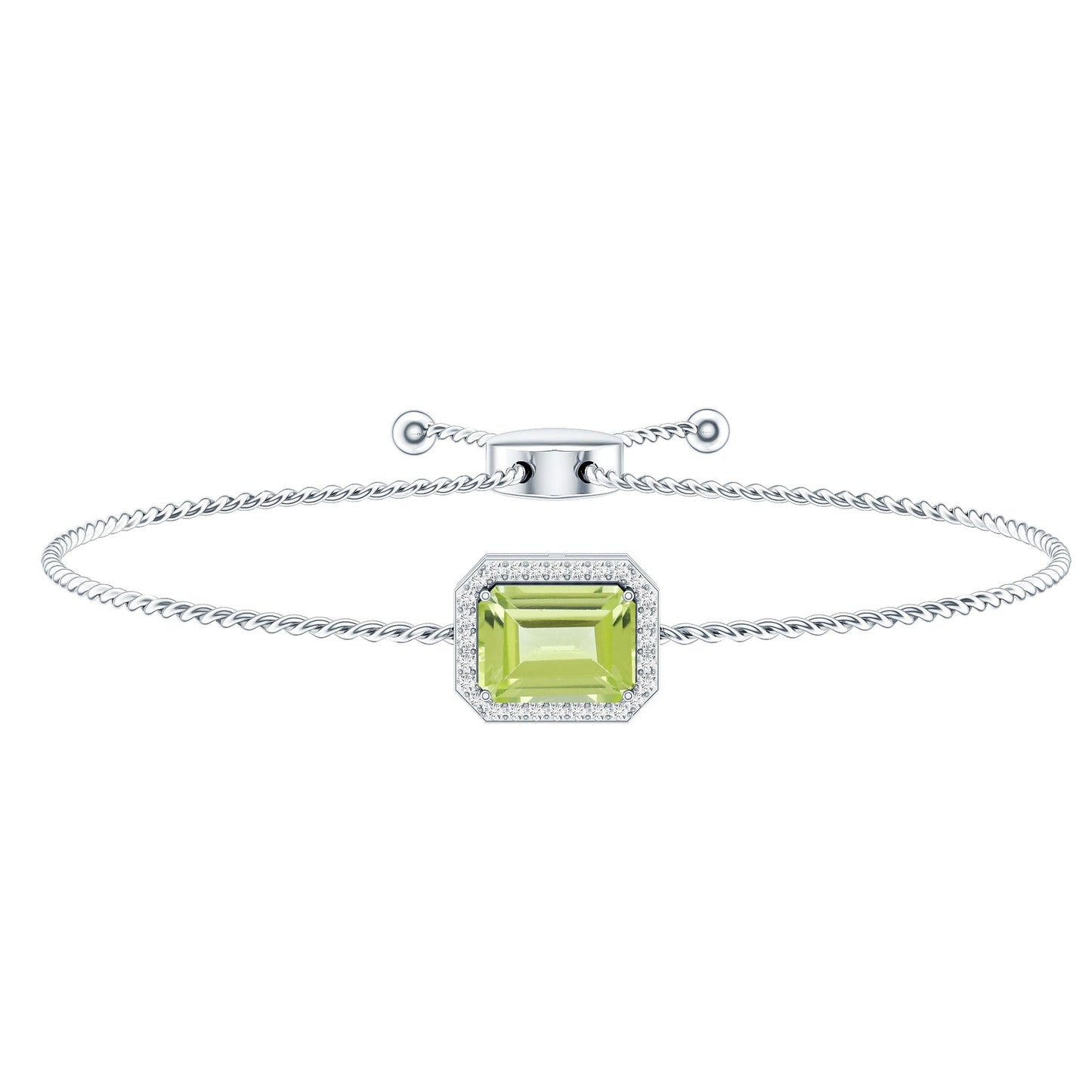 1.8 Carat Emerald Cut Peridot and Diamond Bolo Chain Bracelet