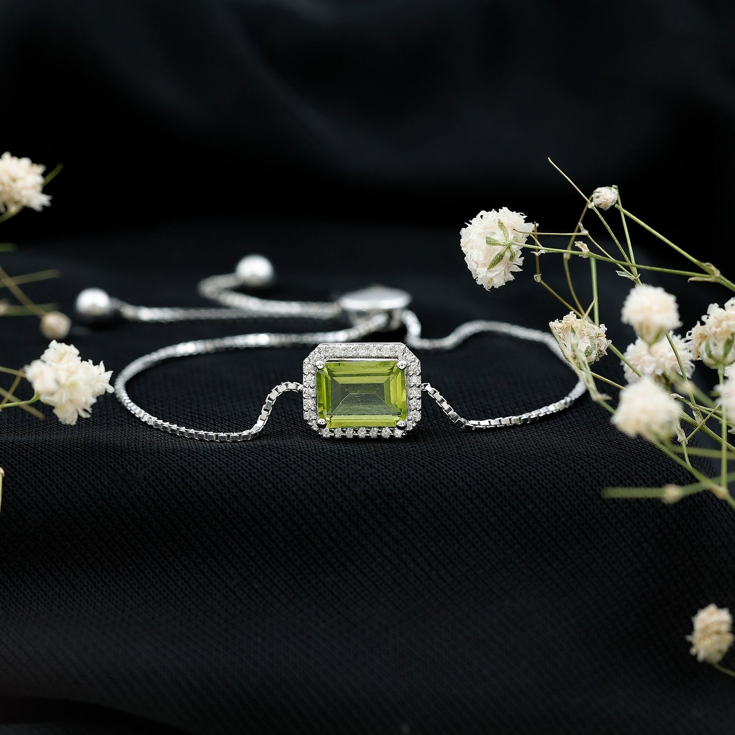 1.8 Carat Emerald Cut Peridot and Diamond Bolo Chain Bracelet