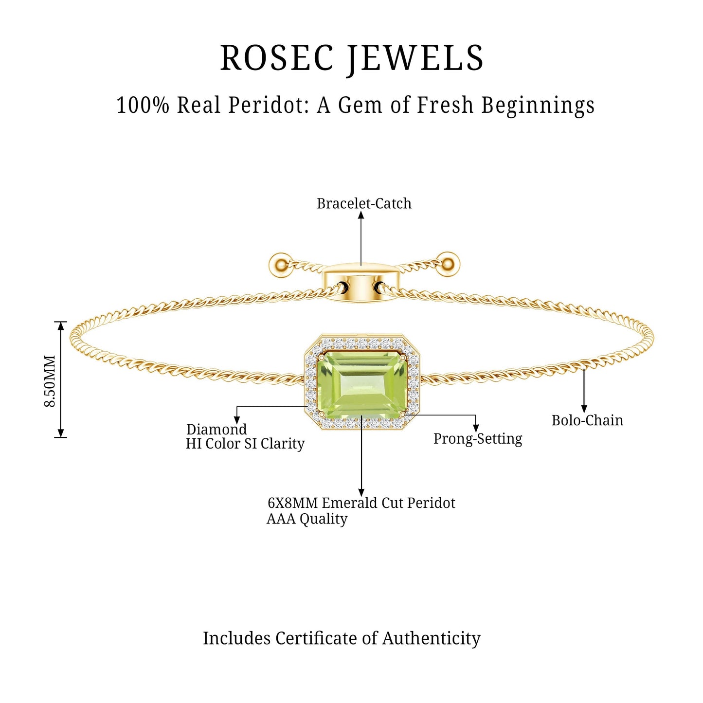 1.8 Carat Emerald Cut Peridot and Diamond Bolo Chain Bracelet