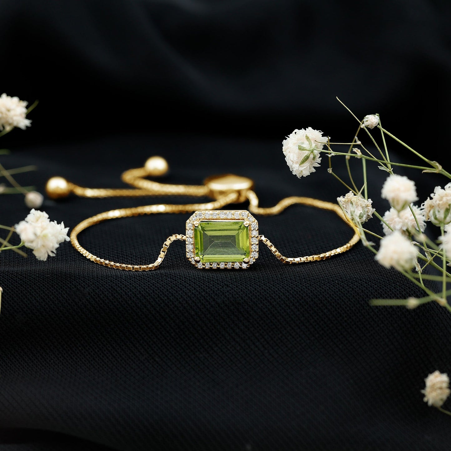 1.8 Carat Emerald Cut Peridot and Diamond Bolo Chain Bracelet