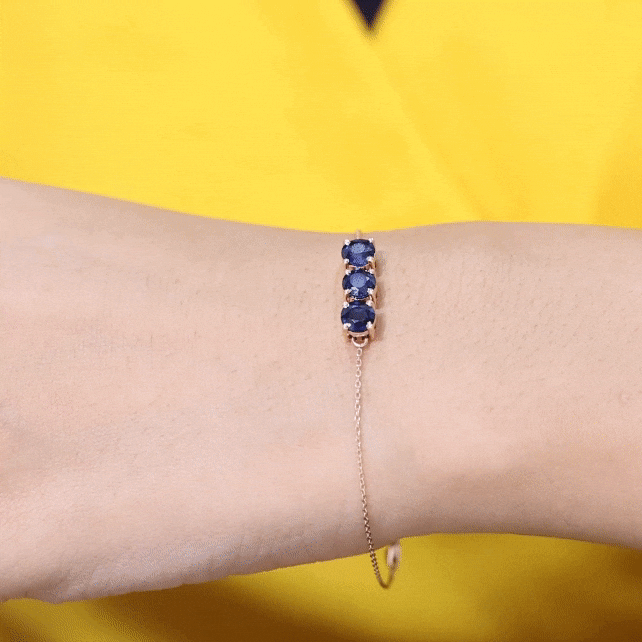 Natural Blue Sapphire Three Stone Chain Bracelet