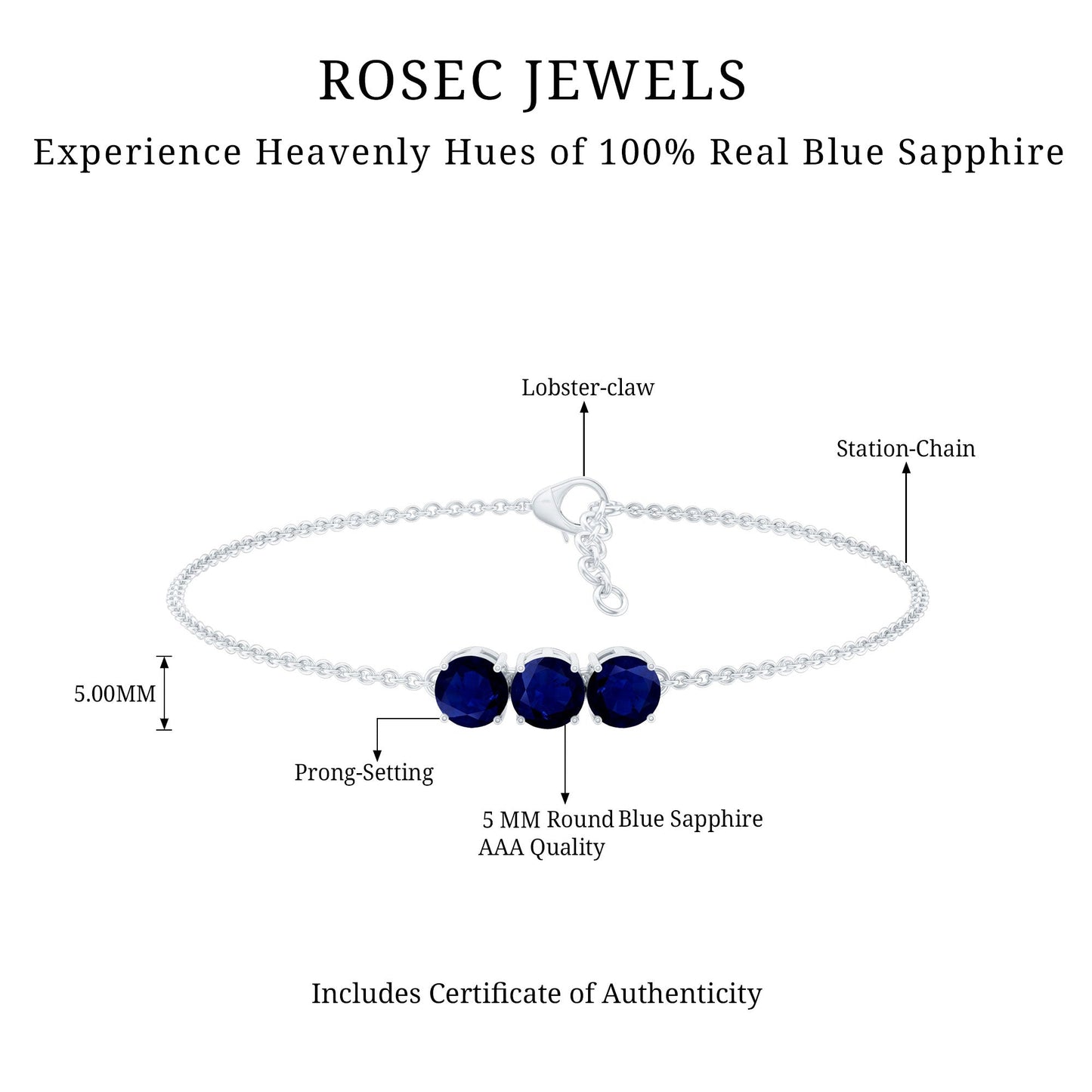 Natural Blue Sapphire Three Stone Chain Bracelet