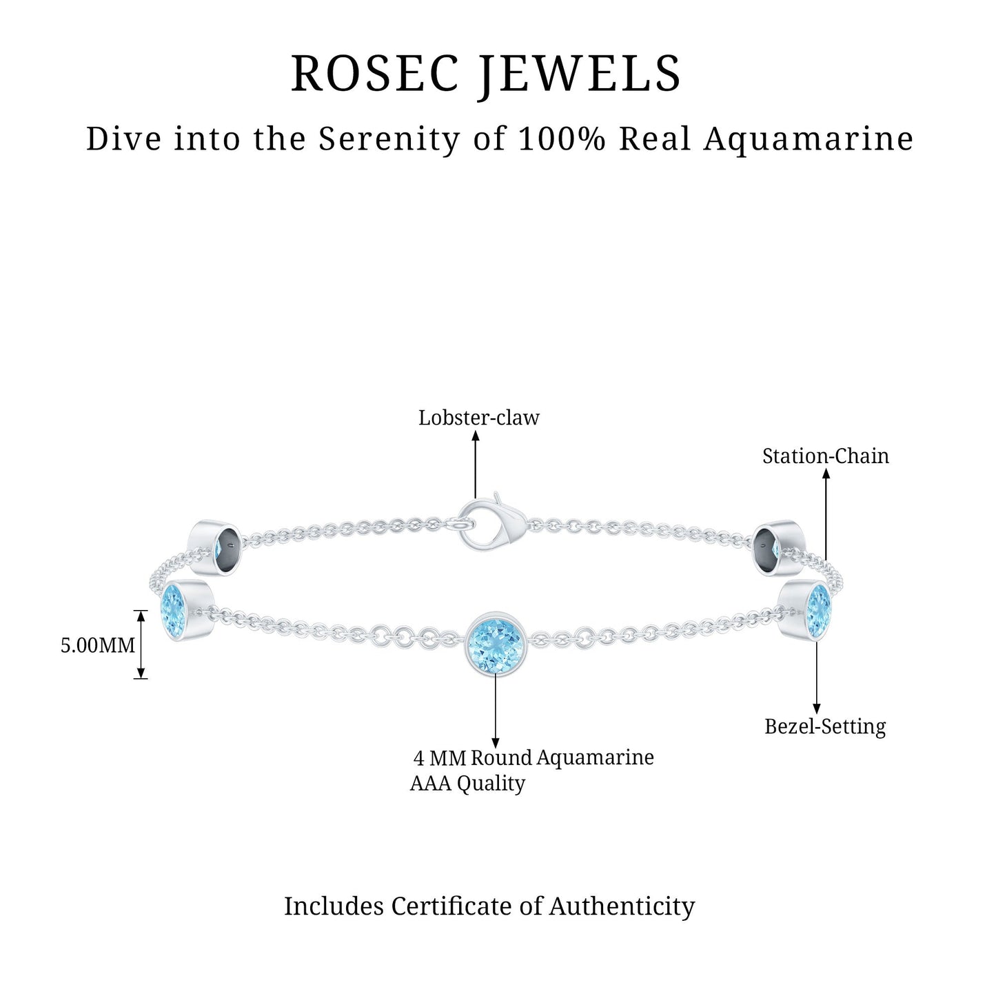 Real Aquamarine Station Chain Bracelet in Bezel Setting