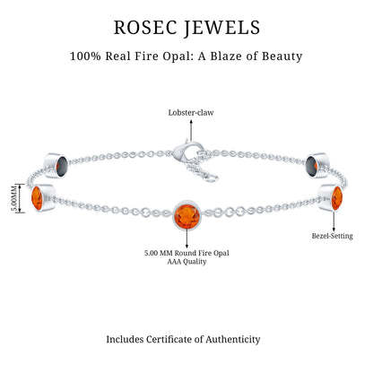 Real Fire Opal Five Stone Station Chain Bracelet in Bezel Setting