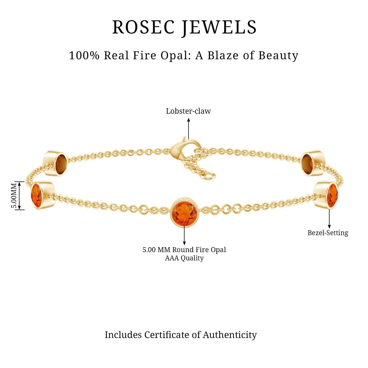Real Fire Opal Five Stone Station Chain Bracelet in Bezel Setting