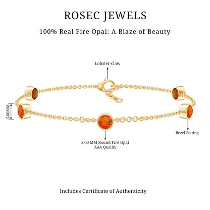Real Fire Opal Five Stone Station Chain Bracelet in Bezel Setting