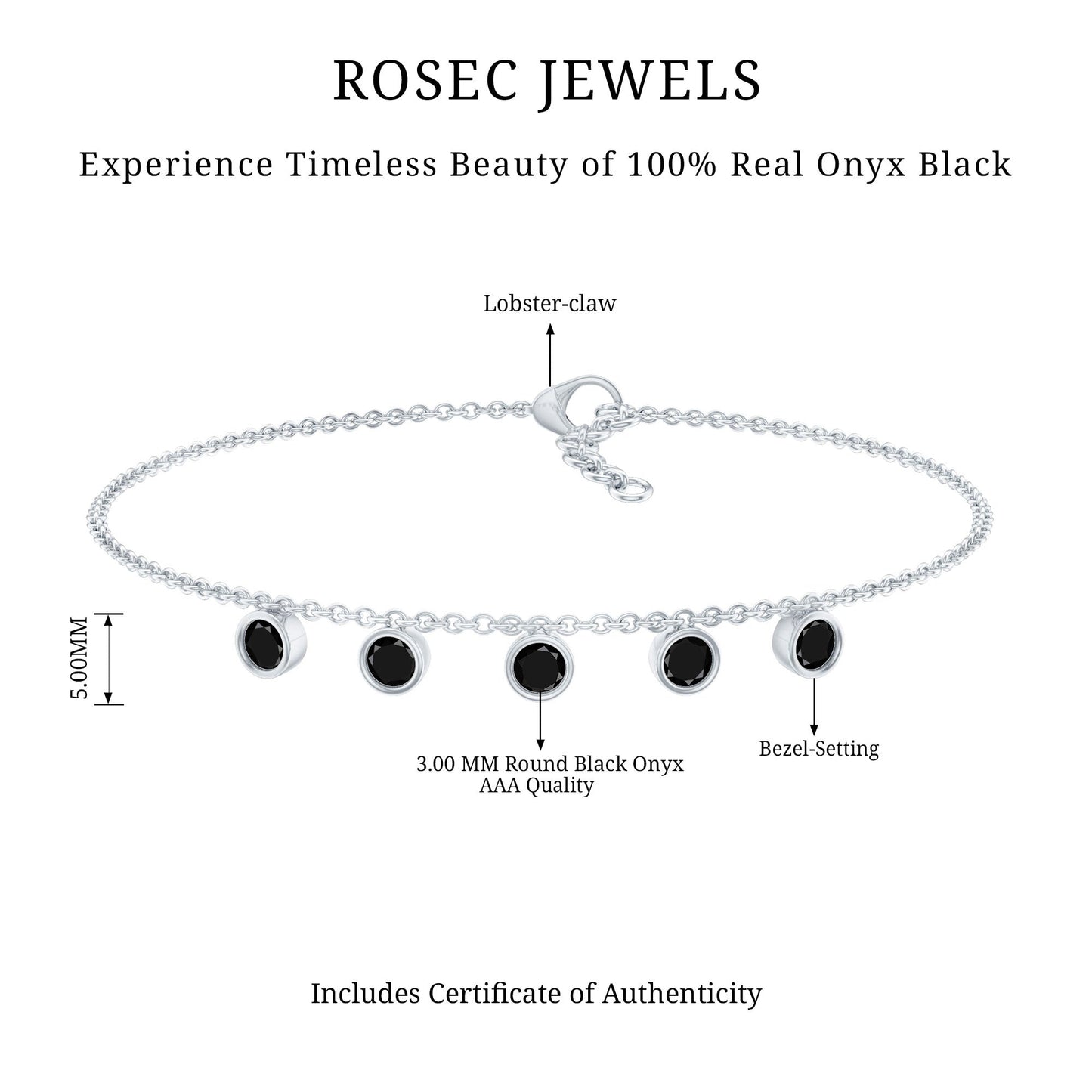 Certified Five Stone Black Onyx Charm Bracelet for Women