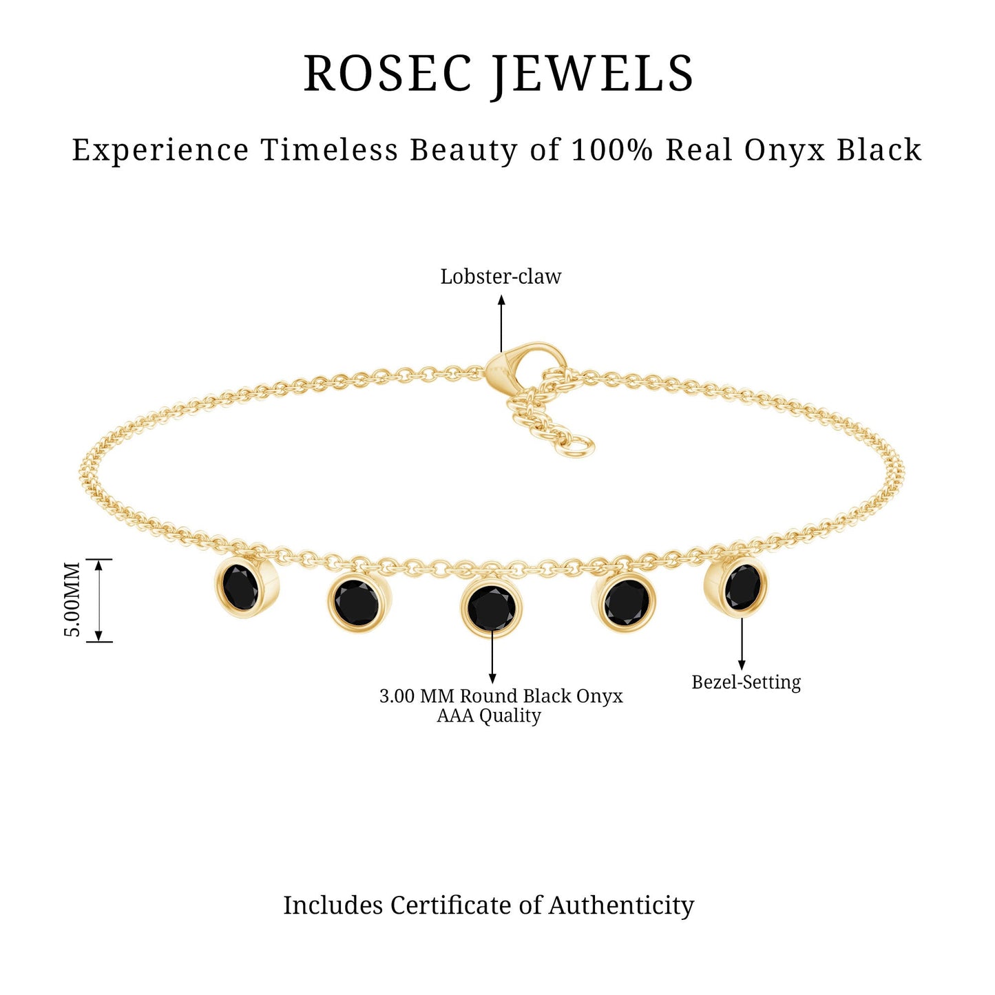 Certified Five Stone Black Onyx Charm Bracelet for Women
