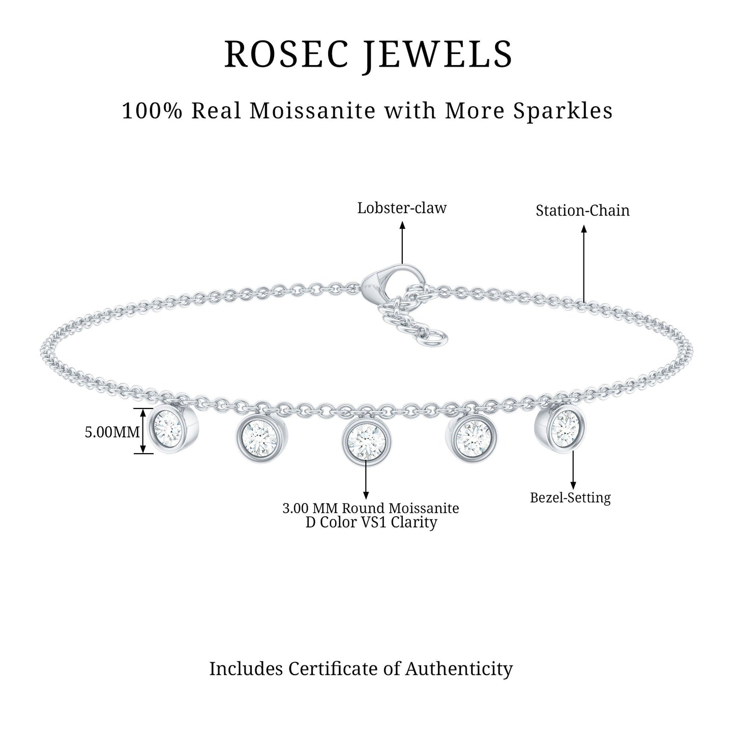 Certified Moissanite Five Stone Bracelet with Certificate