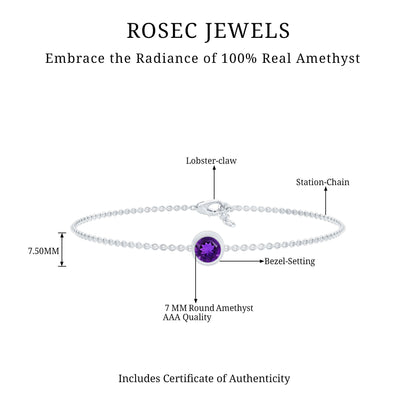 1.2 Carat Genuine Amethyst Solitaire Chain Bracelet in Bezel Set