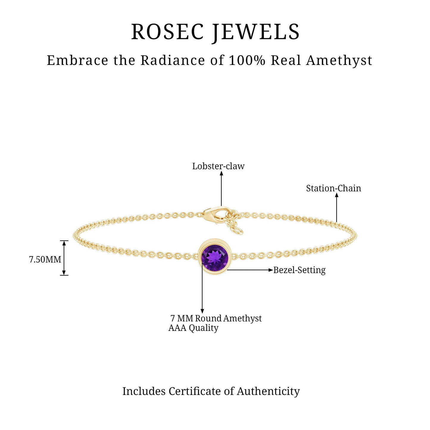 1.2 Carat Genuine Amethyst Solitaire Chain Bracelet in Bezel Set