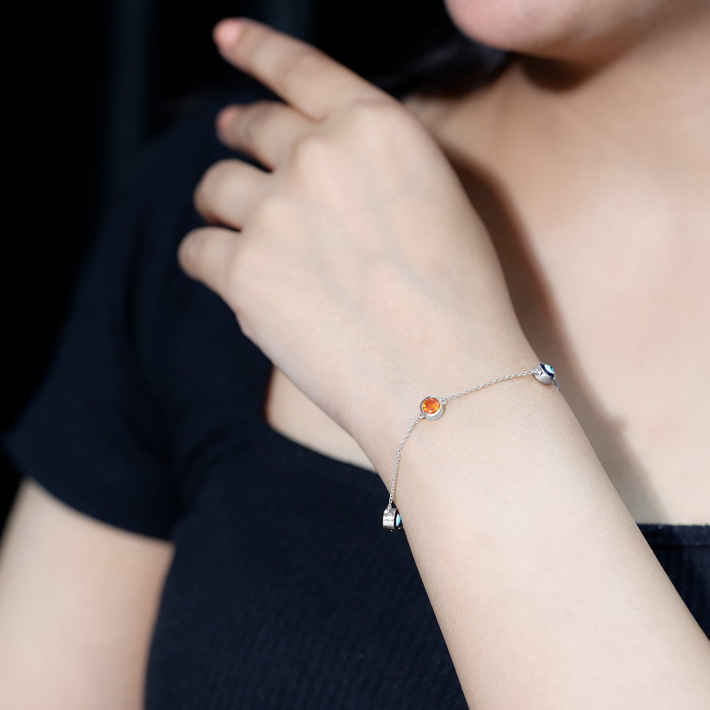 Bezel Set Fire Opal Evil Eye Station Bracelet for Women