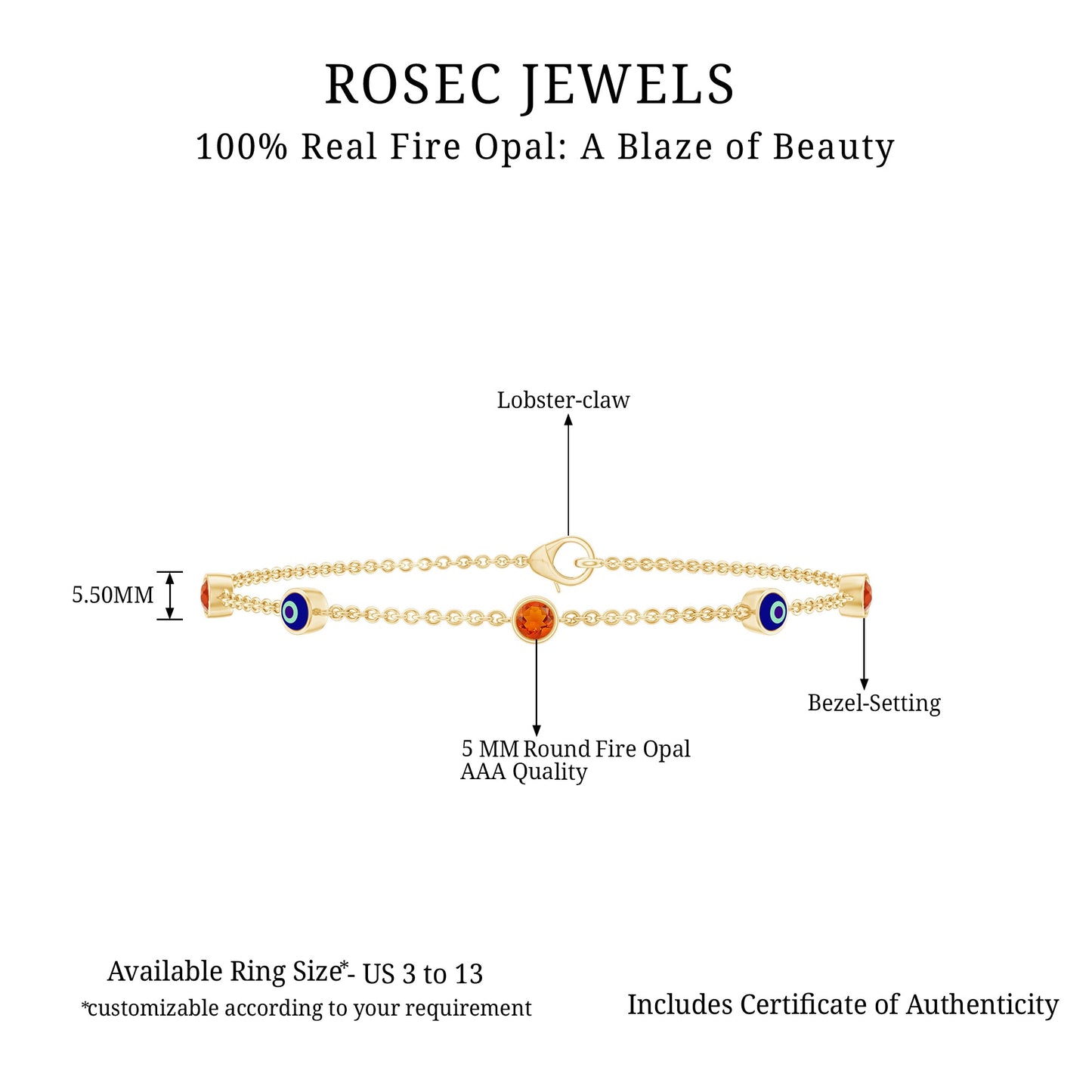 Bezel Set Fire Opal Evil Eye Station Bracelet for Women