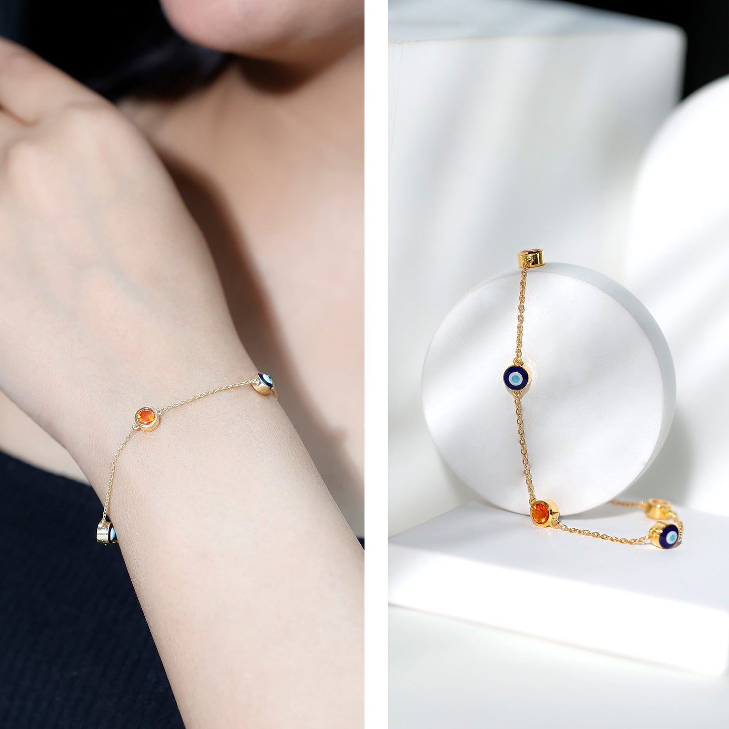 Bezel Set Fire Opal Evil Eye Station Bracelet for Women