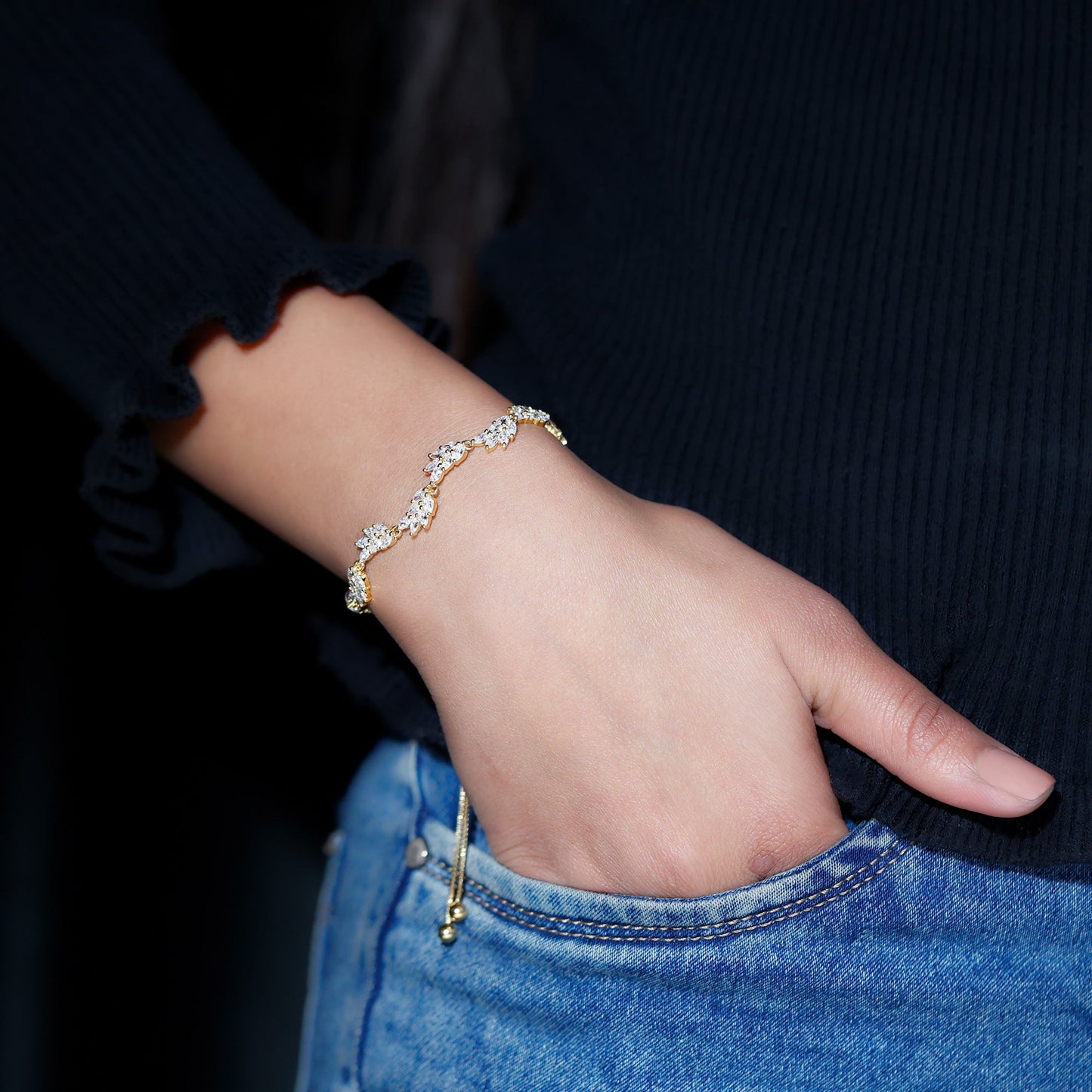 Leaf Bolo Bracelet with Marquise Cut Moissanite