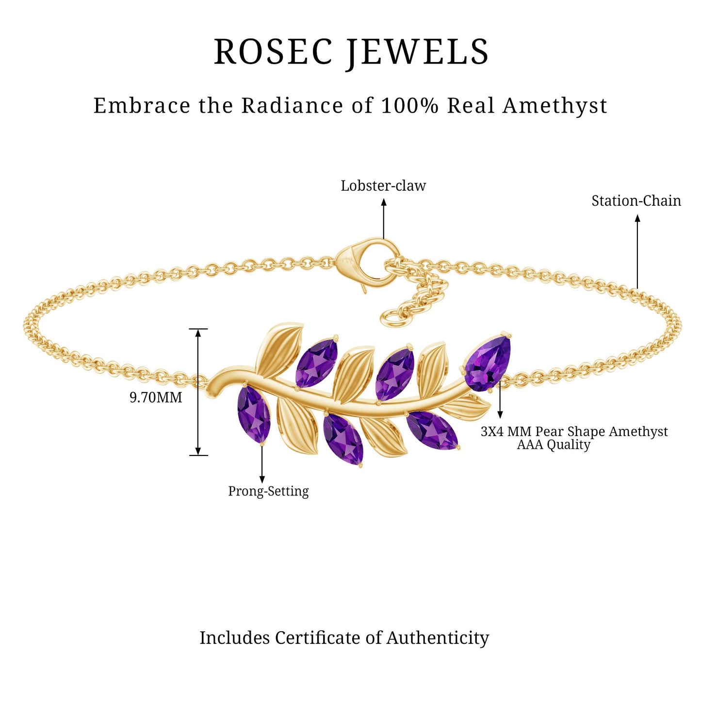 Natural Amethyst Leaf Bracelet with Certificate