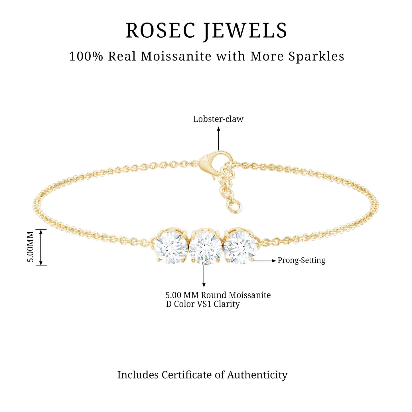 Three Stone Moissanite Chain Bracelet