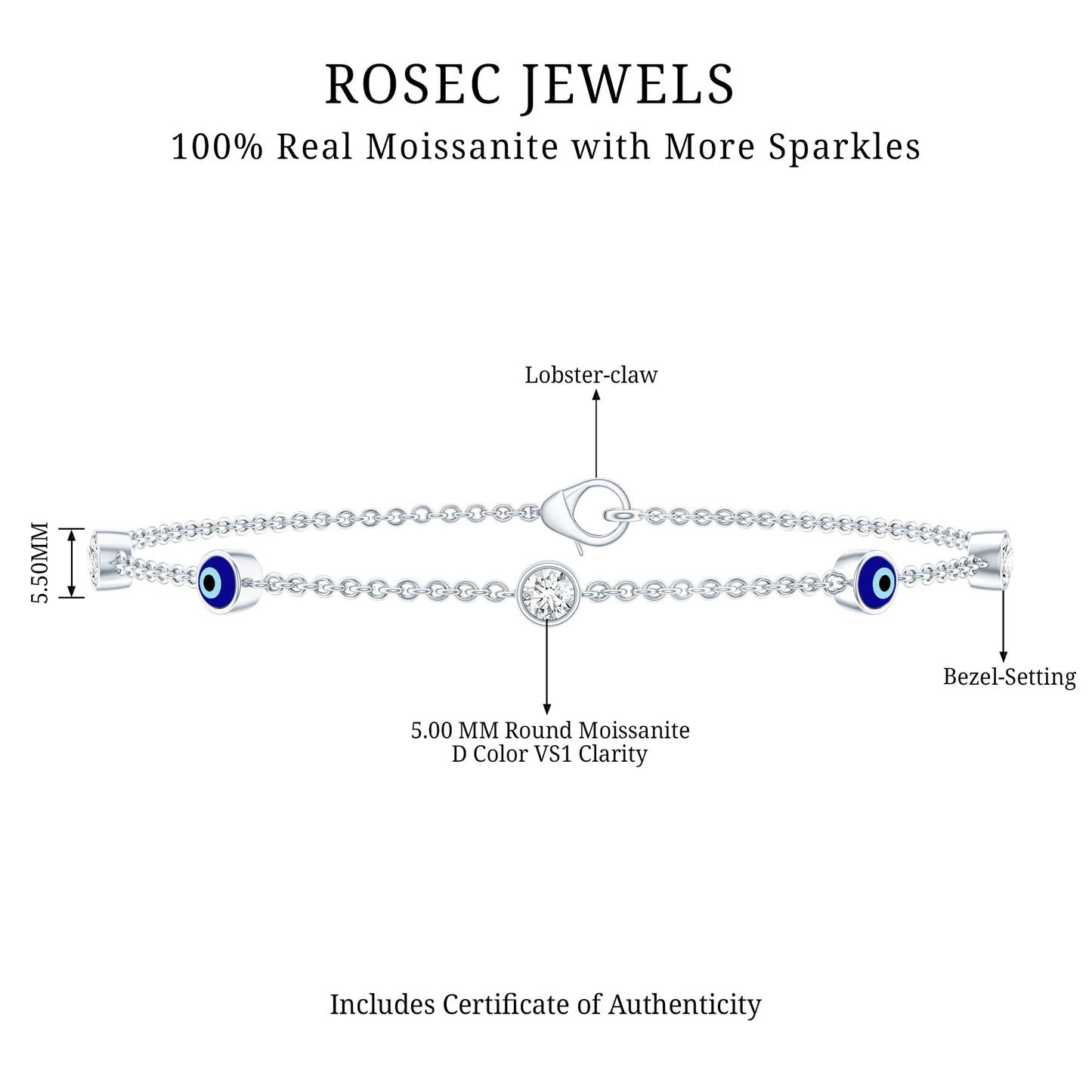 Certified Moissanite and Evil Eye Station Chain Bracelet