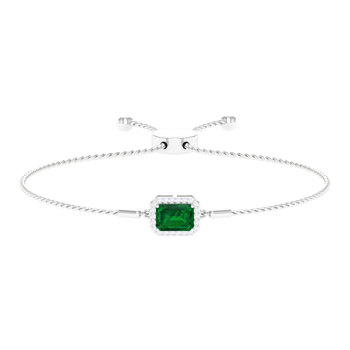 1.6 Carat Emerald Cut Lab Created Emerald Bolo Bracelet with Diamond Halo