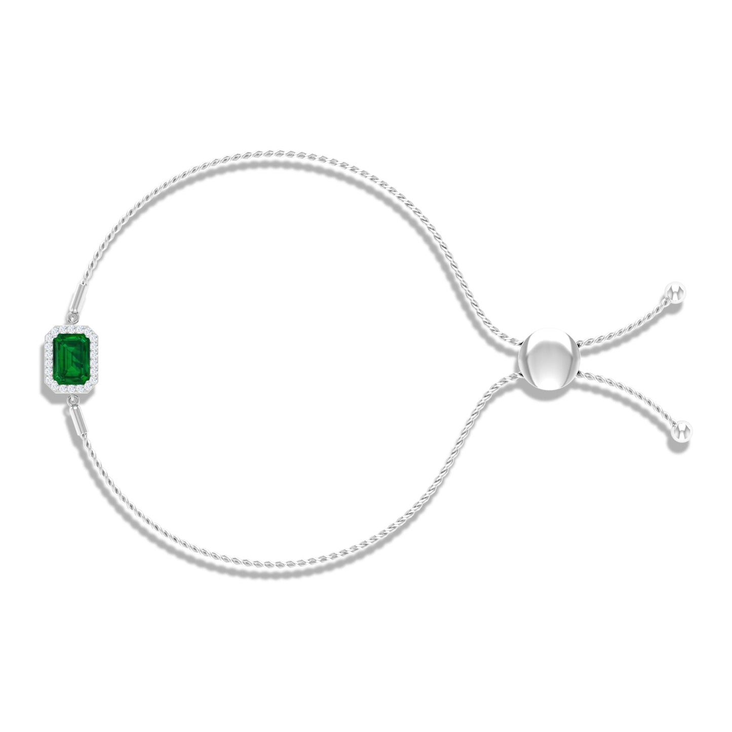 1.6 Carat Emerald Cut Lab Created Emerald Bolo Bracelet with Diamond Halo