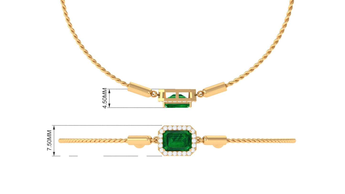 1.6 Carat Emerald Cut Lab Created Emerald Bolo Bracelet with Diamond Halo