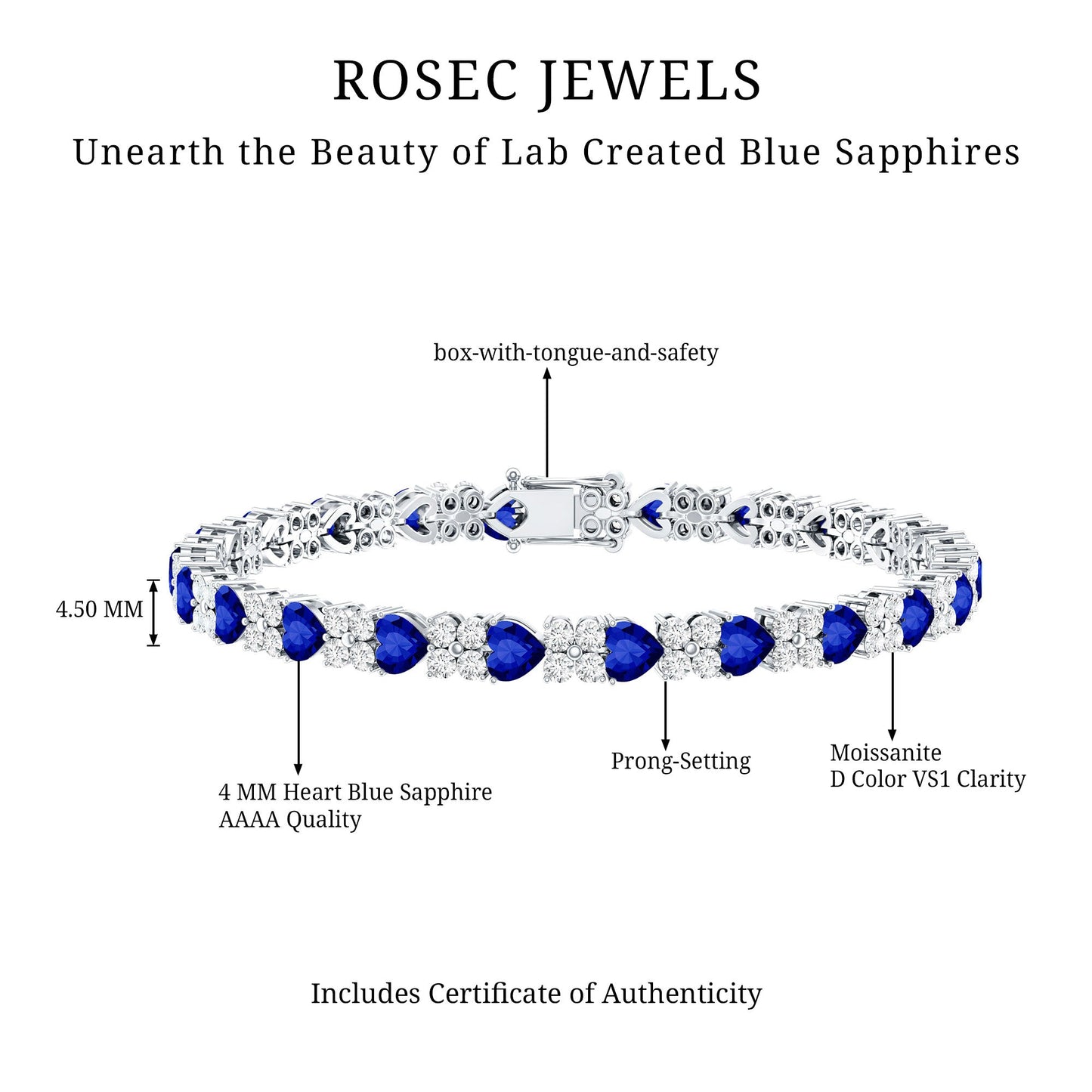 Certified Lab Grown Blue Sapphire Heart Tennis Bracelet with Moissanite