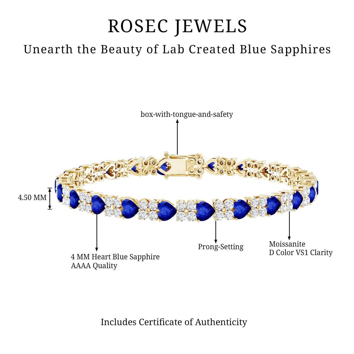 Certified Lab Grown Blue Sapphire Heart Tennis Bracelet with Moissanite