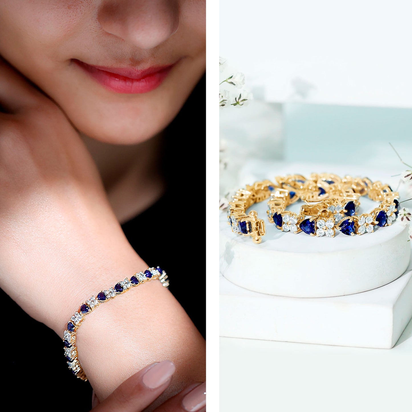 Certified Lab Grown Blue Sapphire Heart Tennis Bracelet with Moissanite