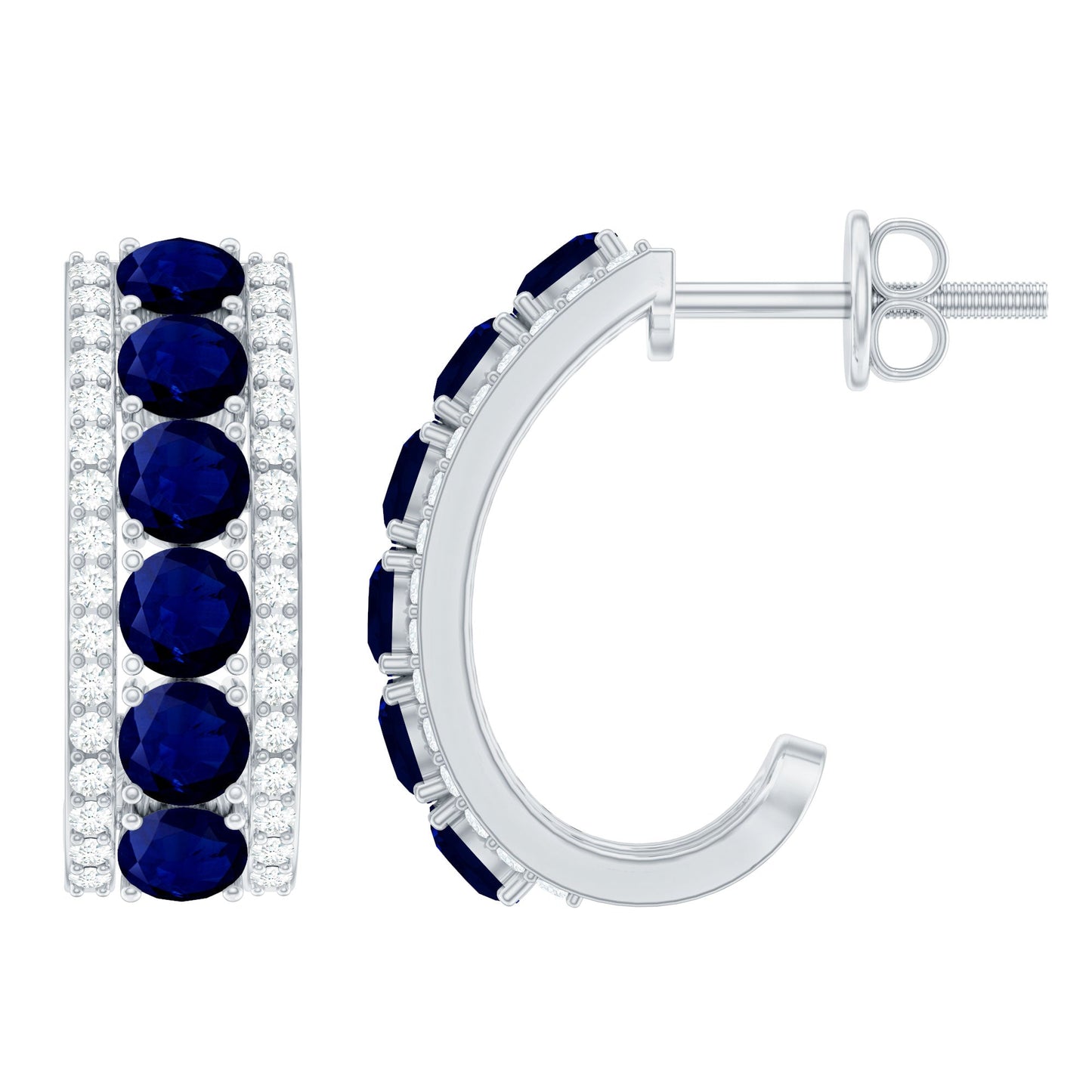 Real Blue Sapphire and Diamond Half Hoop Earrings