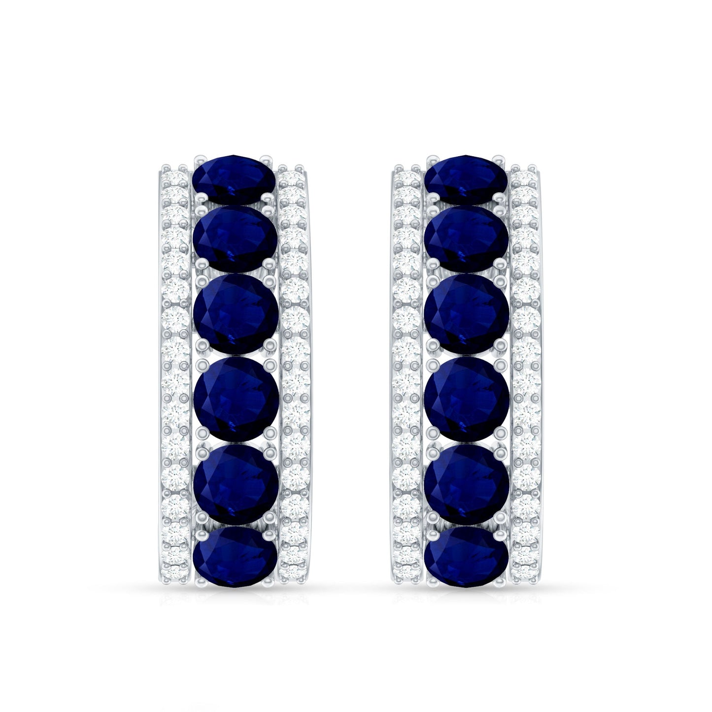 Real Blue Sapphire and Diamond Half Hoop Earrings