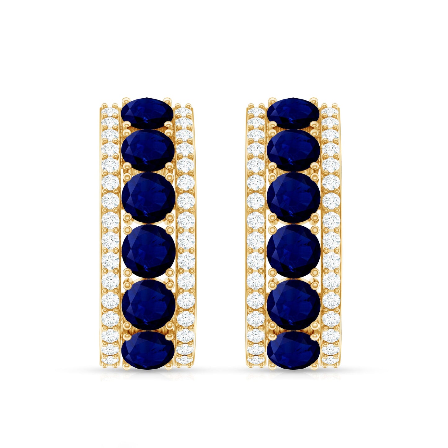 Real Blue Sapphire and Diamond Half Hoop Earrings