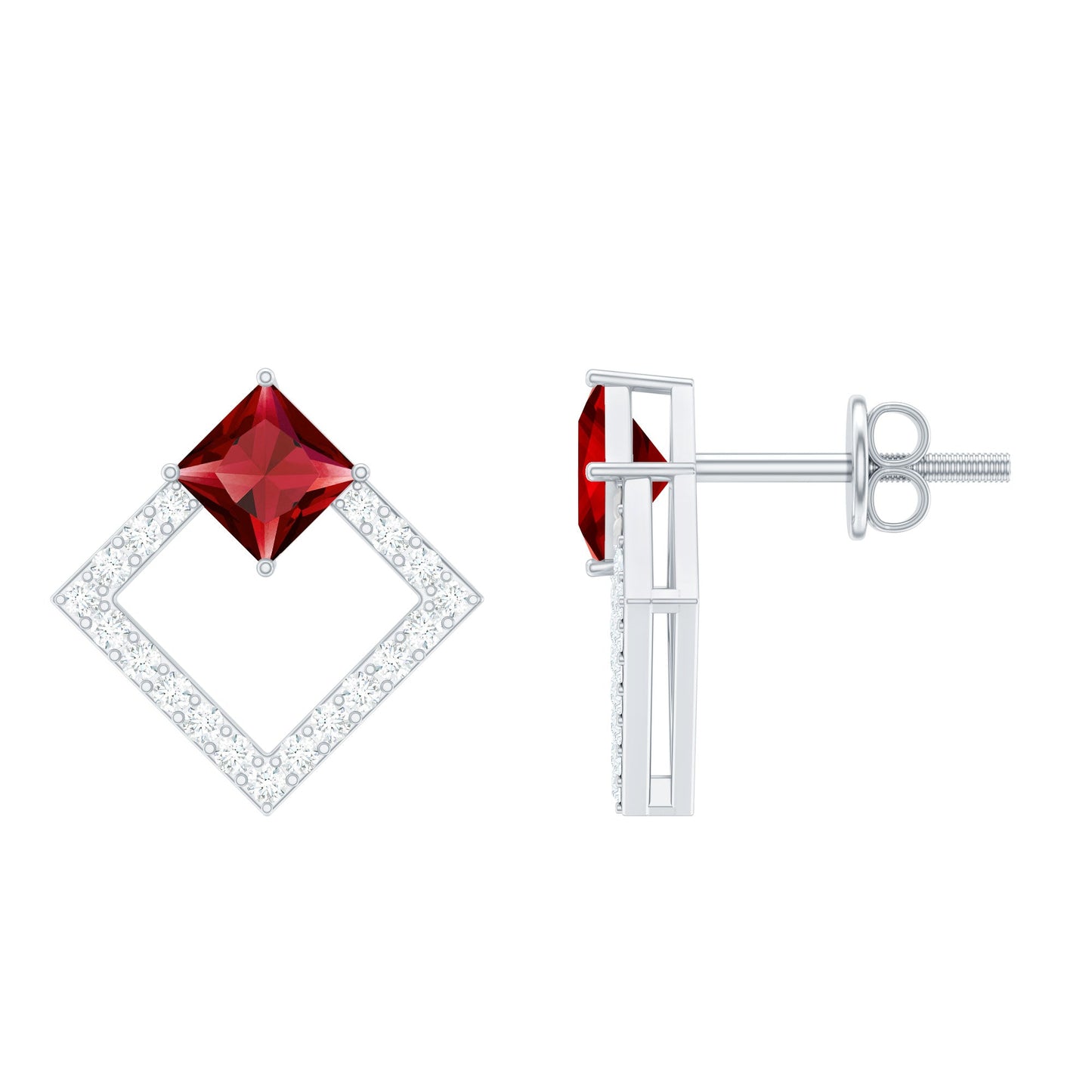 Princess Cut Lab Created Ruby and Diamond Square Stud Earrings