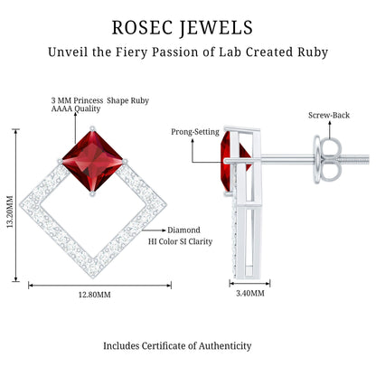 Princess Cut Lab Created Ruby and Diamond Square Stud Earrings