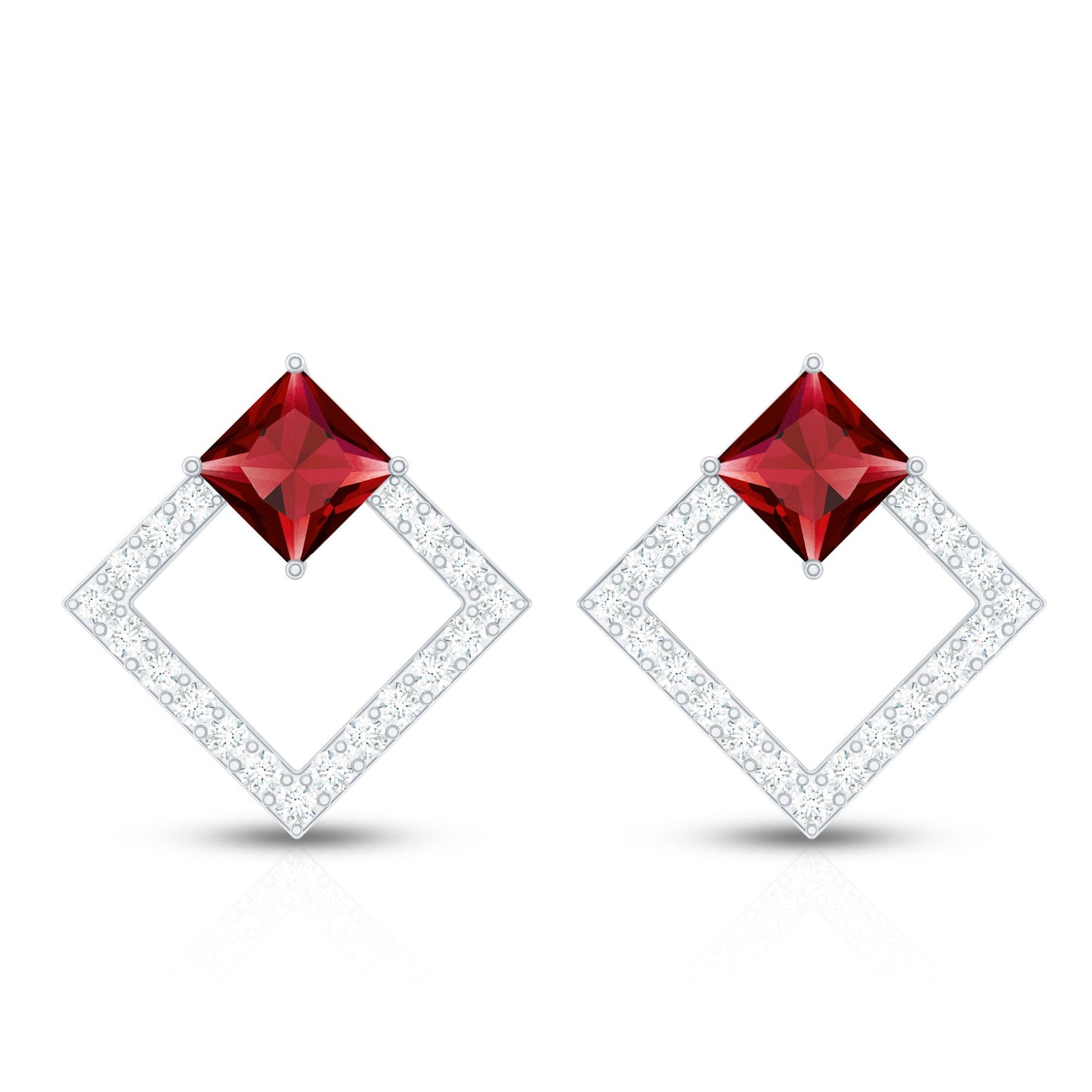 Princess Cut Lab Created Ruby and Diamond Square Stud Earrings