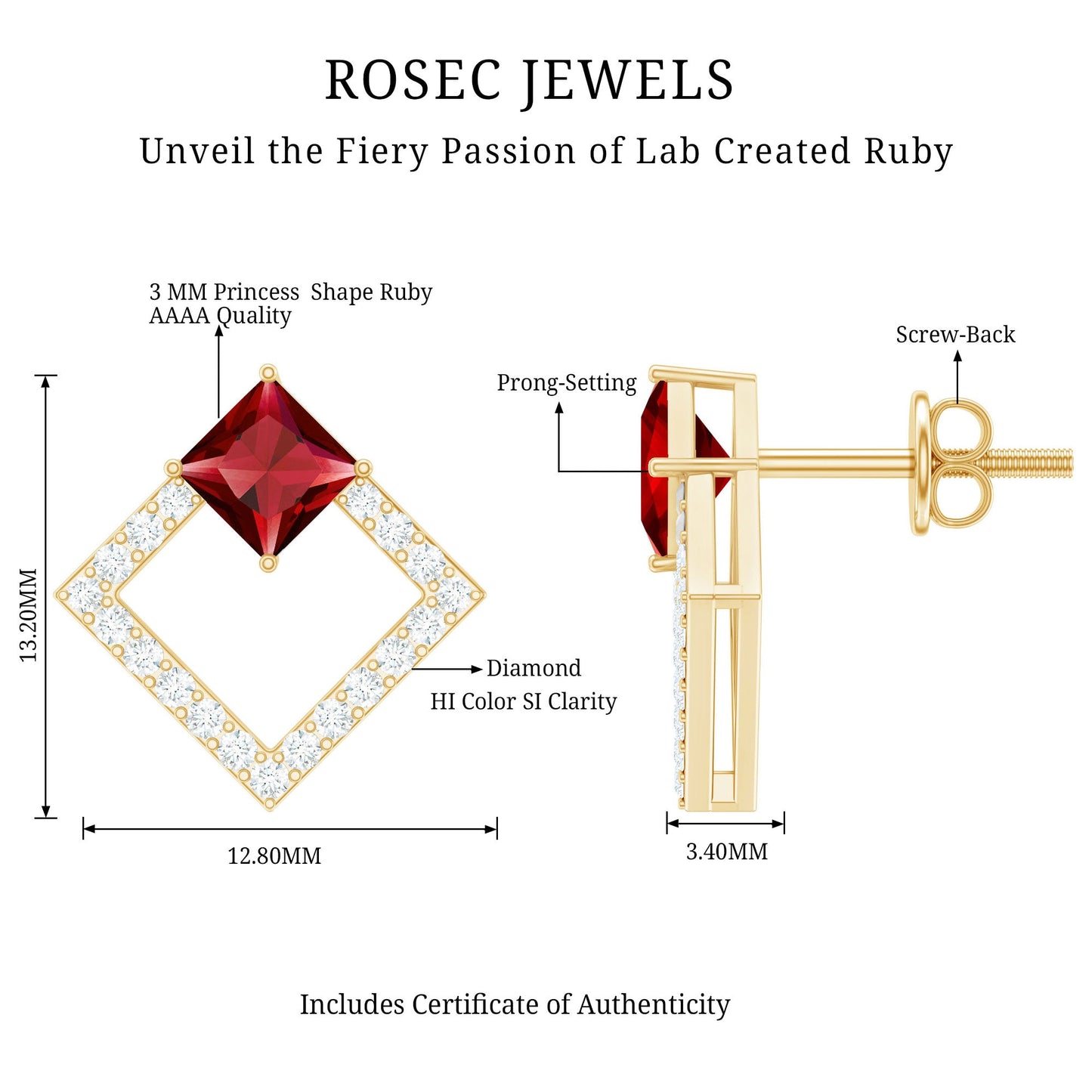 Princess Cut Lab Created Ruby and Diamond Square Stud Earrings
