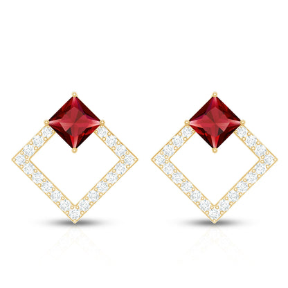 Princess Cut Lab Created Ruby and Diamond Square Stud Earrings