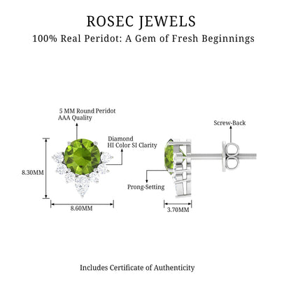 Real 1.8 Carat Peridot Stud Earrings with Diamond Half Halo