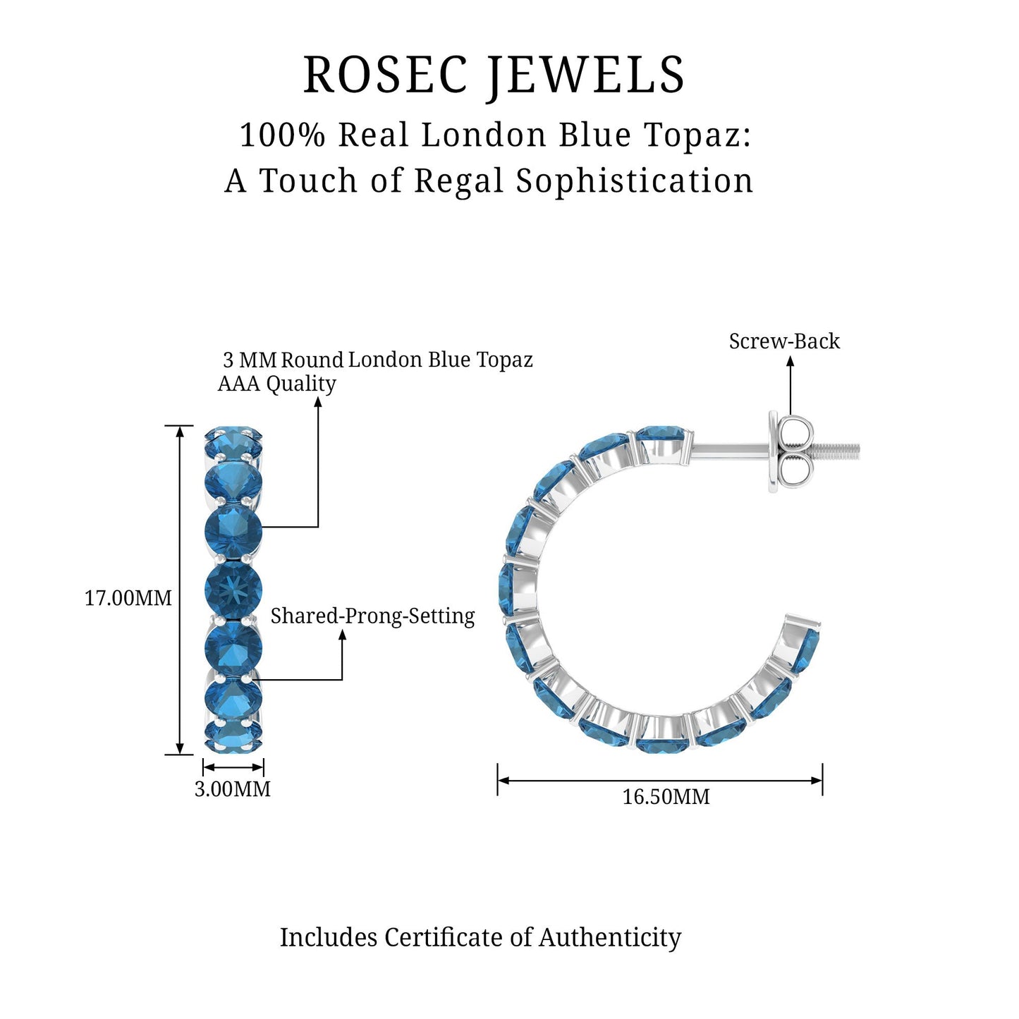 Real London Blue Topaz Hoop Earrings For Women